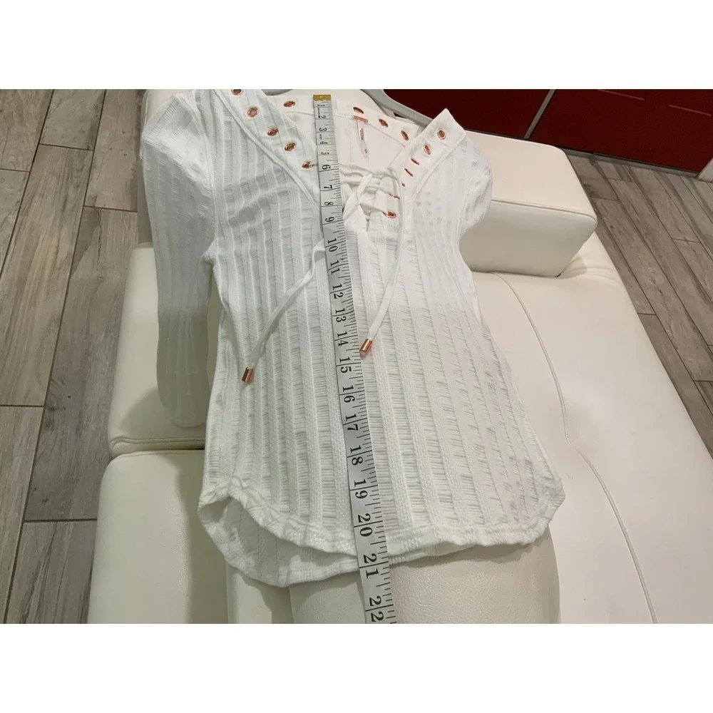 Free People White Ribbed Lace Up Long Sleeve Top Shirt Metal Eyelets M